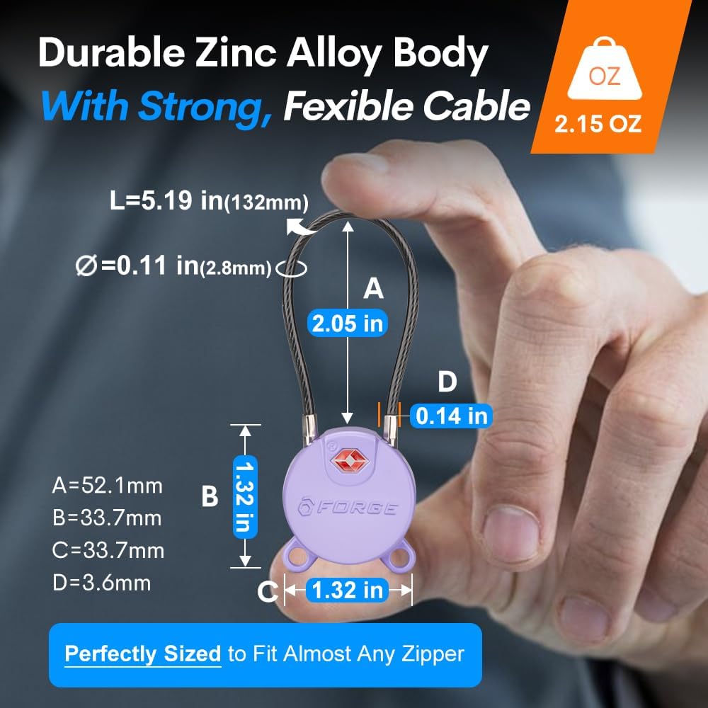 Forge TSA Approved Luggage Locks Ultra-Secure Dimple Key Locks, Cable Lock, for Travel with Zinc Alloy Body- 2 Purple Locks