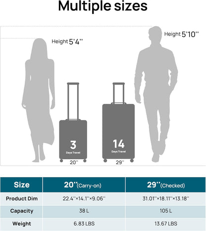 Carry on Luggage 22 X 14 X 9 Airline Approved, 20 Inch Luggage for 3-5 Days Travel, Double Spinner Wheels, 100% Hardshell PC, TSA Lock (11-Pirate Black (USB Port), Set 2PCS (20-Inch/29-Inch))