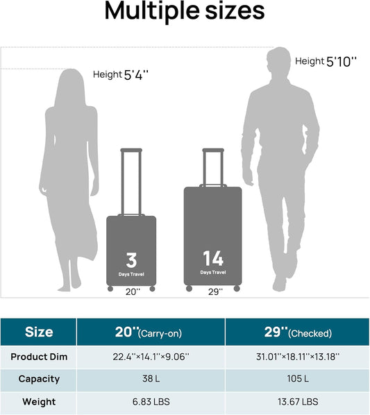 Carry on Luggage 22 X 14 X 9 Airline Approved, 20 Inch Luggage for 3-5 Days Travel, Double Spinner Wheels, 100% Hardshell PC, TSA Lock (11-Pirate Black (USB Port), Set 2PCS (20-Inch/29-Inch))