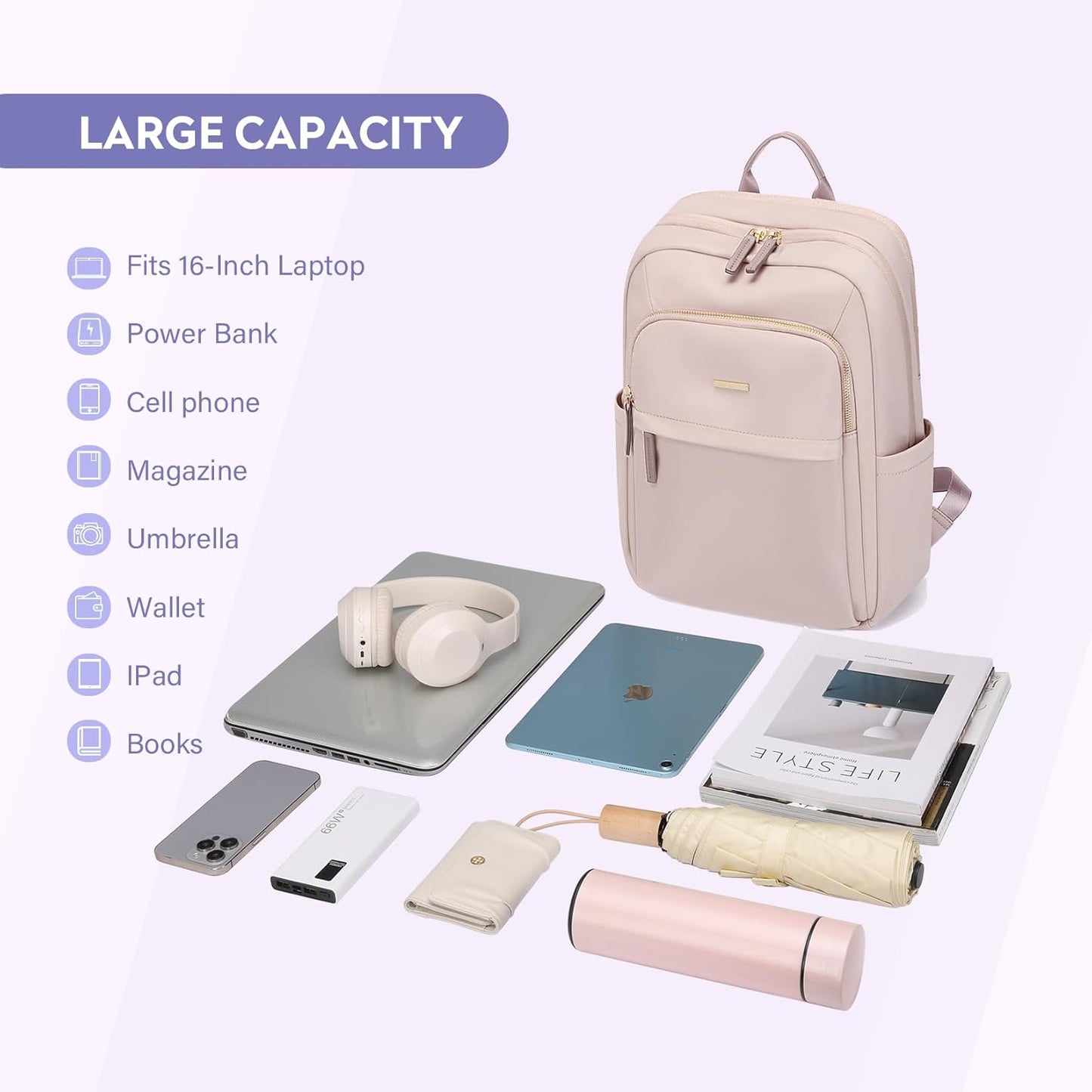 Hiking Travel Backpack for Women Casual Business Weekender Multilayer Laptop Bag,16 Inch,Pink