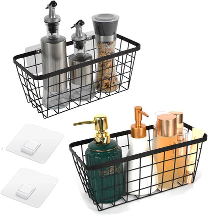 2 Pack Hanging Wall Basket Organizer Over the Cabinet Door Wire Baskets for Organizing -Space-Saving Hanging Baskets for Organizing Wall Mount Storage,No Drilling Adhesive Wall Storage Basket, Black