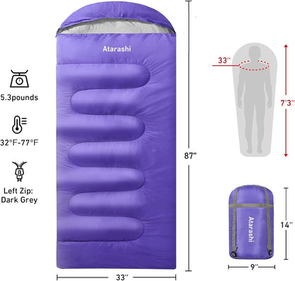 Atarashi Camping Sleeping Bag- 4 Seasons for Adults, Light, Warm, Extra-Large with Compression Sack- Great for Hiking, Backpacking & Outdoor Adventures