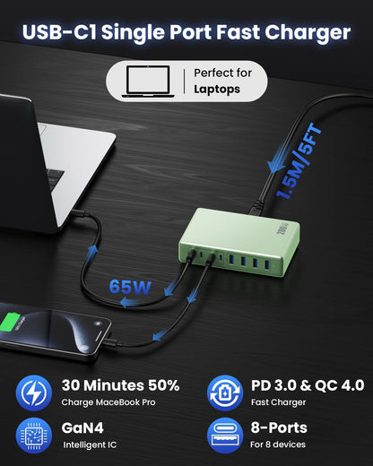 200W USB C Charger Block,GaN IV Charging Station 8 Ports,QC4.0 Fast Charging Station Hub+PD 65W USB C Laptop Charger Adapter Compatible with MacBook Air/Pro,DELL,iPhone 16/15,iPad,Steam Deck-Green