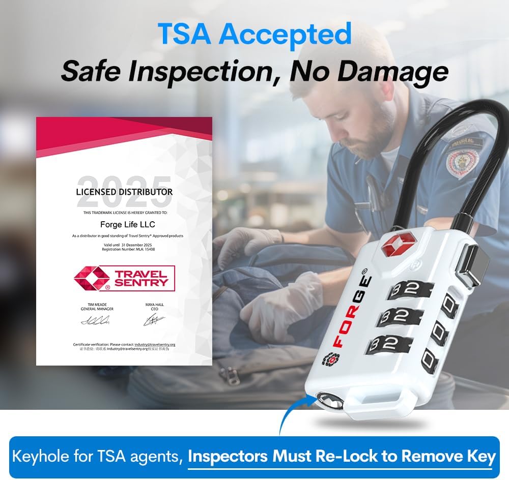 TSA Approved Cable Luggage Locks, Re-settable Combination with Alloy Body (White 4 Locks)