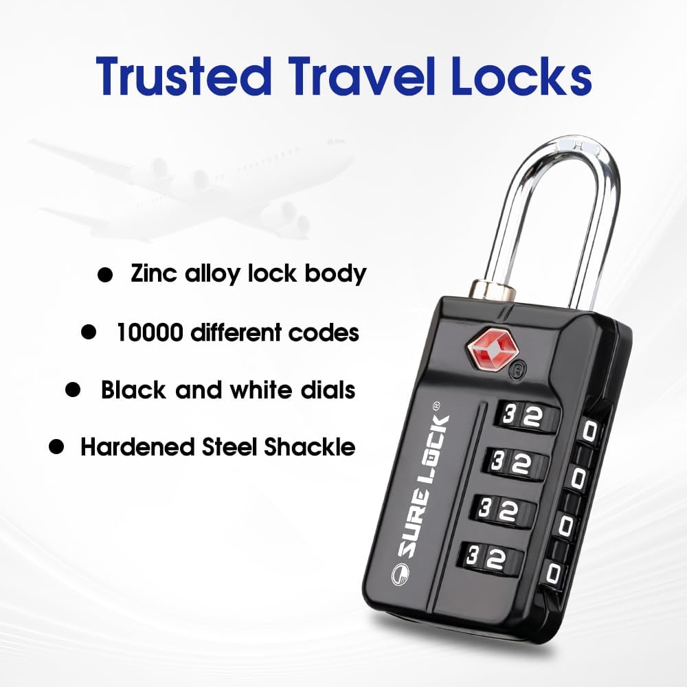 SURE LOCK TSA Approved 4-Digit Resettable Combination Luggage Locks with Open Alert, Easy-Read Dials - for Luggage, School Lockers, Gym, Office, Toolbox & Security Cases (Black 2 Pack)