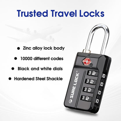 SURE LOCK TSA Approved 4-Digit Resettable Combination Luggage Locks with Open Alert, Easy-Read Dials - for Luggage, School Lockers, Gym, Office, Toolbox & Security Cases (Black 2 Pack)
