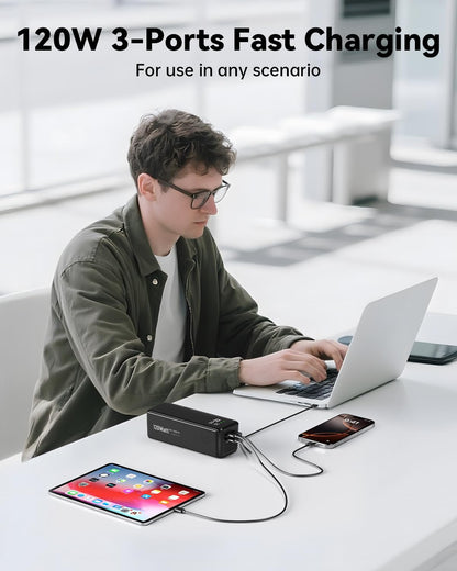 27000mah Power Bank, High Capacity 3-Port Laptop Portable Charger, 120 W Fast Charging, Smart Display for Outdoor Work, Compatible with iPhone 16/15/14 Series, Vision Pro, Samsung, MacBook and more.