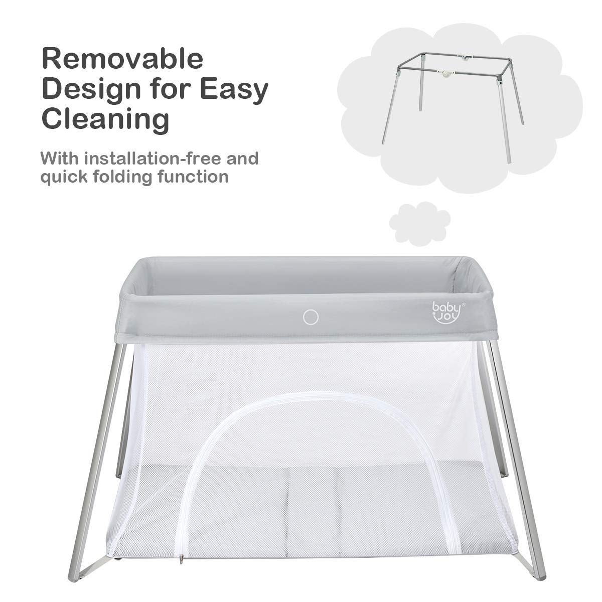 BABY JOY 2 in 1 Travel Crib with Side Zipper, Portable Baby Playard with Soft Washable Mattress, Installation-Free Home Playard with Carry Bag for Airplane, Lightweight Playpen for Infants &Toddlers