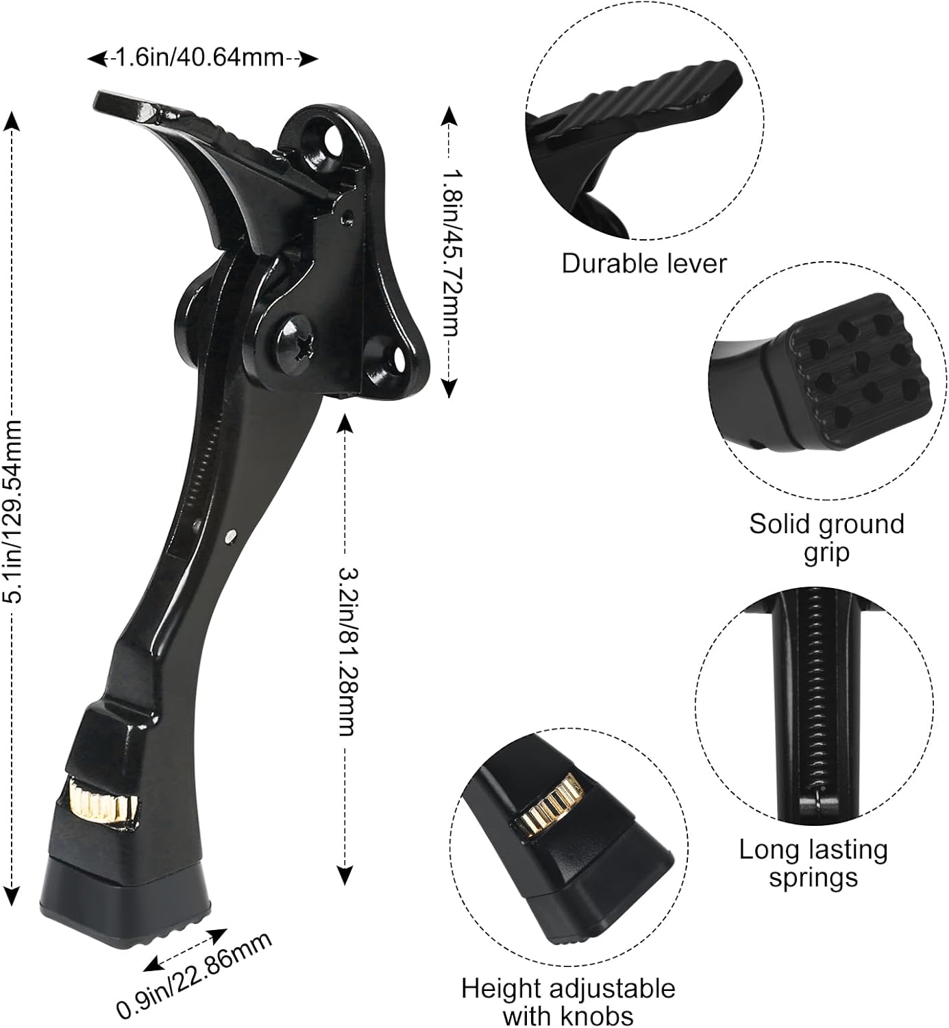 2 Packs Heavy Duty Kickdown Door Stopper, One Touch Adjustable Kickdown Door Stop for Heavy Doors, 4 in Metal Door Kickstand with Rubber Tip & Wall Protectors for Wide Doors- Black