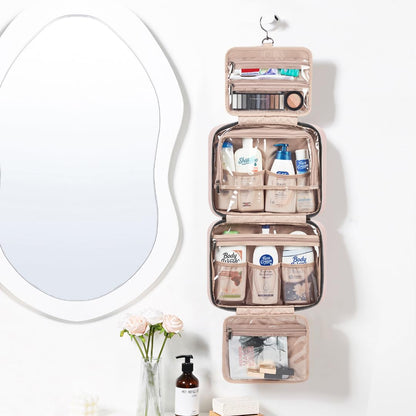 NISHEL Travel Toiletry Bag for women, Portable Hanging Organizer for Family-Sized Shampoo, Conditioner, Brushes Set, Makeup Accessories, Extra Large Size, Pink