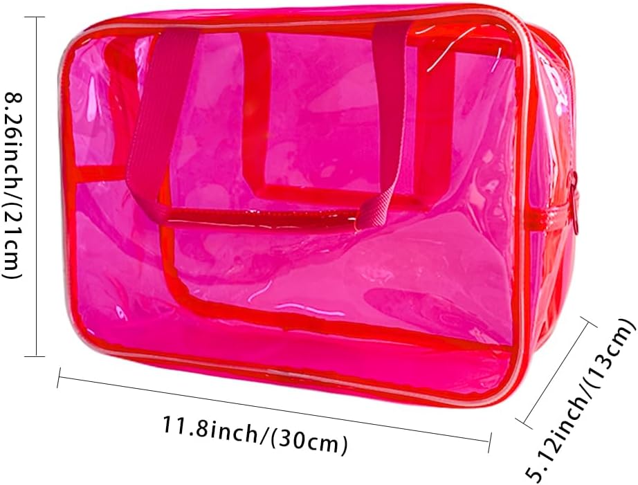 Clear Makeup Bag Travel Toiletry Artist Bag, Multifunction Waterproof Clear PVC Tote Handbag with Zipper, Hot Pink