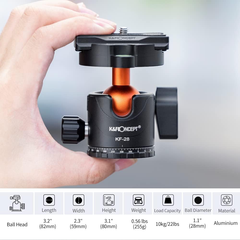 K&F Concept 63" Carbon Fiber Camera Tripods,D254C1+BH-28L Compact Tripod with Detachable Monopod, Metal Ball Head 22lbsLoad Capacity with Quick Release Plate for SLR DSLR Digital Camera/Camcorder