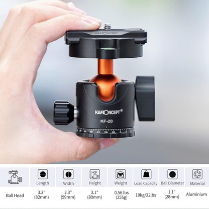 K&F Concept 63" Carbon Fiber Camera Tripods,D254C1+BH-28L Compact Tripod with Detachable Monopod, Metal Ball Head 22lbsLoad Capacity with Quick Release Plate for SLR DSLR Digital Camera/Camcorder