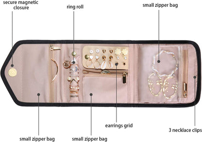 BAGSMART Travel Jewelry Organizer Case Foldable Jewelry Roll for Journey Rings, Necklaces, Earrings, Bracelets, Mini, Black