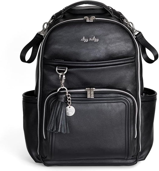 Itzy Ritzy Diaper Bag Backpack – Large Capacity Boss Plus Baby Backpack Diaper Bag Featuring 19 Pockets, Changing Pad, Stroller Clips, and Comfortable Straps (Black with Silver Hardware)