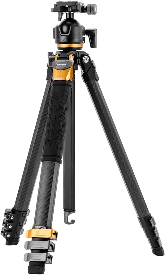 Fotopro Compact Carbon Fiber Travel Tripod, 60 inches Professional Heavy Duty Tripod with Profile Legs Super-Large Ball Head Weatherproof Bag, Fotopro Origin Plus Golden Max Load 44lbs