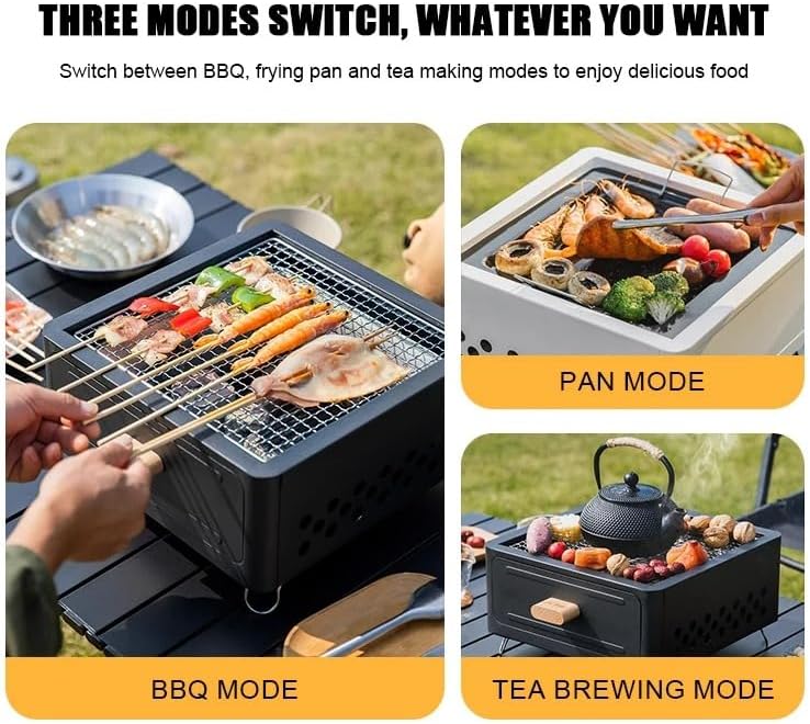Portable Charcoal BBQ Grill Stove – Smokeless Outdoor Cooking for Camping & Tailgating, Yakitori Grill, Skewers, Easy Drawer Style, Pan and Grill Included Black (Black)