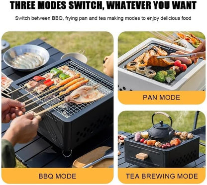 Portable Charcoal BBQ Grill Stove – Smokeless Outdoor Cooking for Camping & Tailgating, Yakitori Grill, Skewers, Easy Drawer Style, Pan and Grill Included Black (Black)