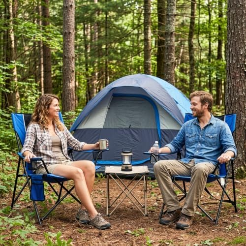 Romswi Portable Camping Chairs for Adult, Folding Outdoor Chairs with 2 Cup Holder, Folding Chair with Mesh Back for Outdoor, Fishing, Garden, 2-Pack, Blue