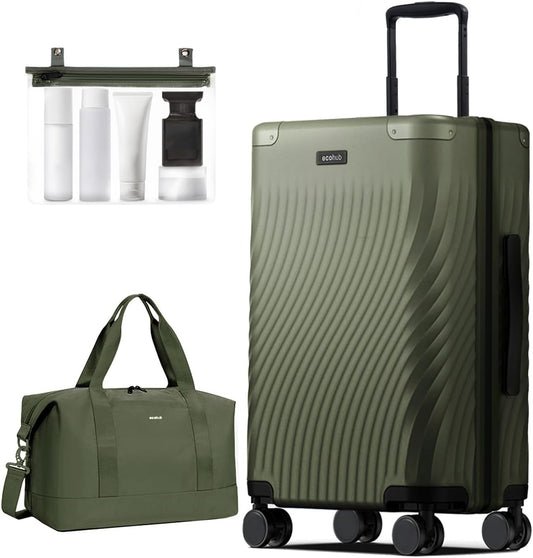 ECOHUB Hardside Expandable Carry On Luggage, Recycled PC 24" Rolling Luggage 26x16x11 Airline Approved with Spinner Wheels& TSA Lock, Lightweight Hardshell Travel Suitcase, 24inch Carry-on Green