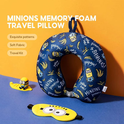 MINISO Minions Travel Neck Pillow with Eye Mask, Cute Cartoon 100% Memory Foam Neck Support Pillow, Lightweight Travelling Pillow Set for Airplane, Car and Home Use