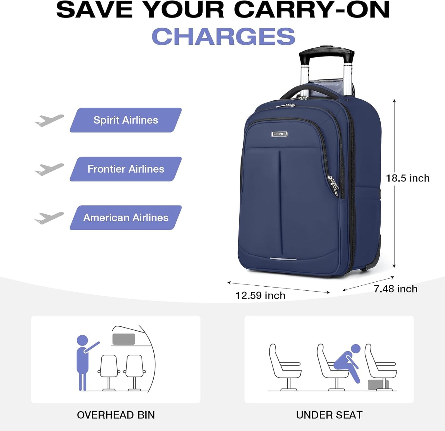 Rolling Backpack for Adults,17 Inch Waterproof Carry-on Backpack with Wheels, Wheeled Backpack Carry-on Luggage, Travel Backpack for Men Women， Trolley Laptop Backpack， Navy Blue Medium