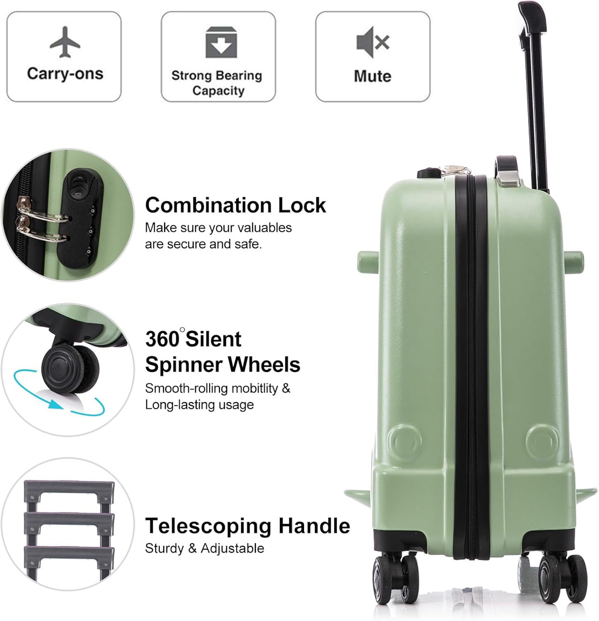 Apelila 22 inch Ride on Suitcase for Kids Travel Trolley Luggage with Spinner Wheels for Child with Combination Lock/Safety Belt/Telescoping Handle (Green)
