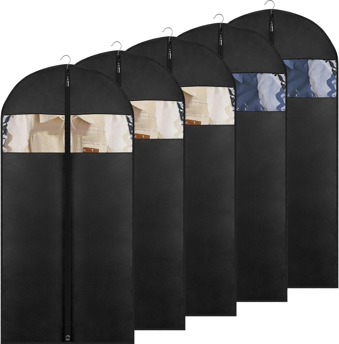 5 Pack - Moucas 50" Black Garment Bag, Mens Suit Bags for Closet Storage and Travel, Garment Bags for Hanging Clothes, Suit Cover Bags with Zipper for Coats, Dresses, Shirts