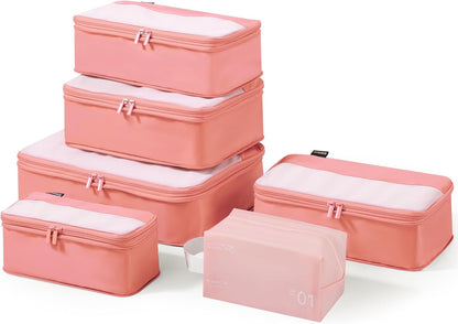 6 Set Compression Packing Cubes for Travel Essentials, Luggage Organizers for Suitcases (Dusty Pink)