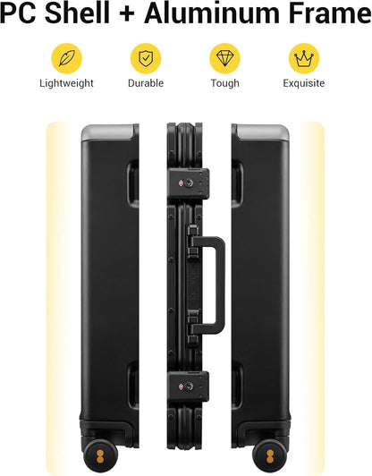 LEVEL8 Zipperless Carry On Suitcase Airline Approved with Aluminum Frame, Hard Shell Luggage with Spinner Wheels, Metal Travel Luggage with Packing Organizers, 20 Inch, Black