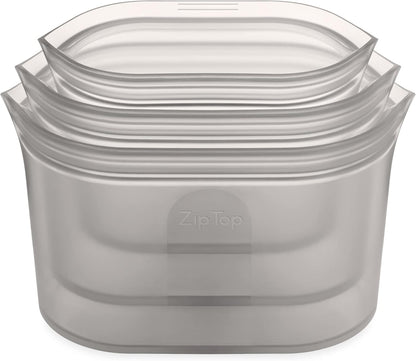 Zip Top Reusable Food Storage Bags | 3 Dish Set [Gray] | Silicone Meal Prep Container | Microwave, Dishwasher and Freezer Safe | Made in the USA