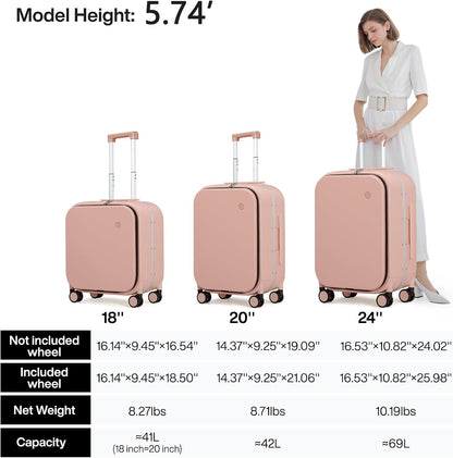 mixi Carry On Luggage, 18” Suitcase with Front Laptop Pocket, Travel Luggage Aluminum Frame PC Hardside with Spinner Wheels & TSA Lock and Cover (Not for Underseat), Pink