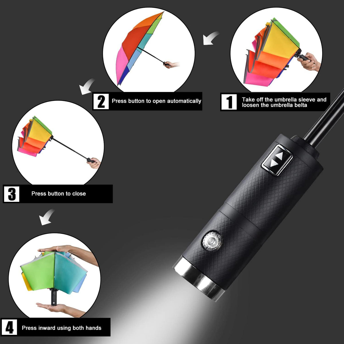 Lejorain Inverted Rainbow LED Umbrella - Folding Reverse Automatic Travel Umbrellas Compact for Rain Windproof Women - Portable Upside Down Collapsible Reflective Umbrella