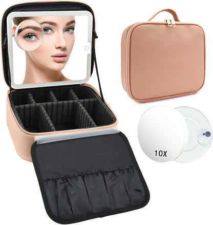 Travel Makeup Bag with LED Mirror and 10x magnifying glass with 3 Lighted Settings, Adjustable Dividers and Makeup Brush Storage Bag Khaki