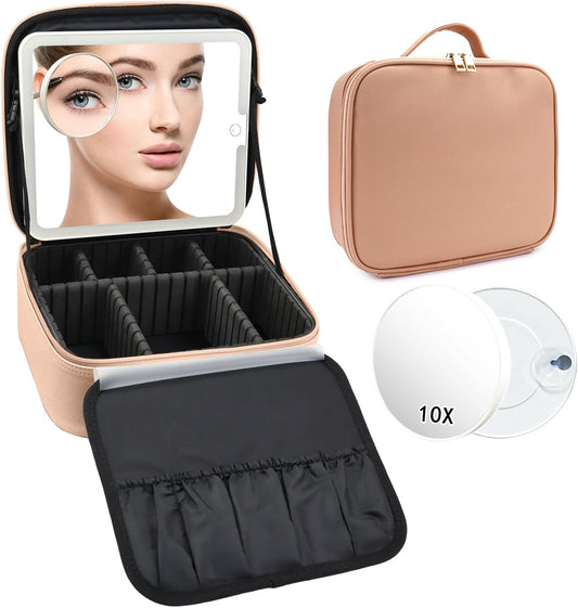 Travel Makeup Bag with LED Mirror and 10x magnifying glass with 3 Lighted Settings, Adjustable Dividers and Makeup Brush Storage Bag Khaki