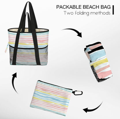 Sandproof Beach Bag with Zipper - 8-Pocket Waterproof Tote for Women & Family | Foldable Travel Swim Bag (Gift-Ready)