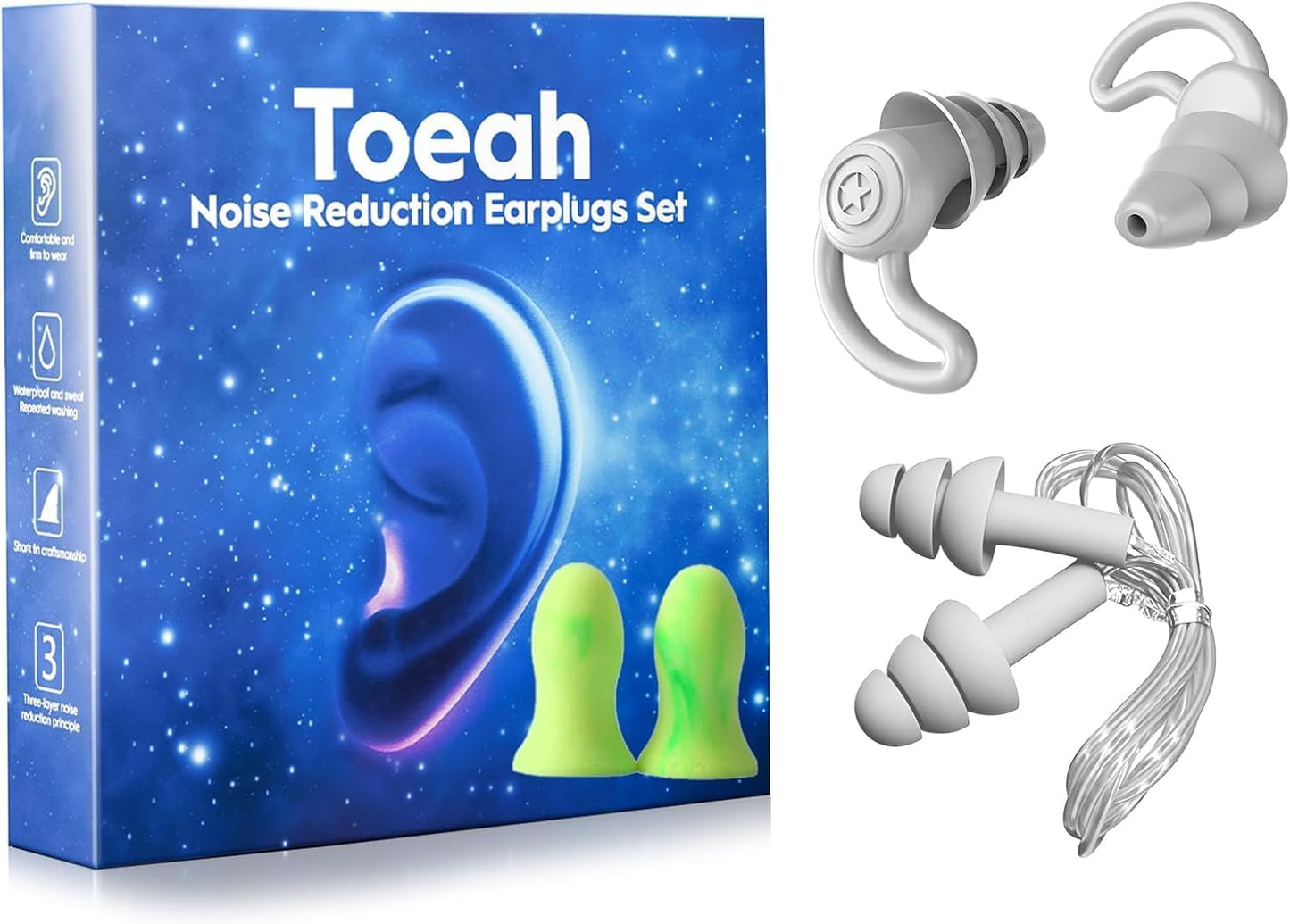 3 in 1 Ear Plugs for Noise Reduction, Ear Plugs for Sleeping Noise Cancelling, Washable Hearing Protection for Work, Travel, Concert, Swimming, Sleep Snoring