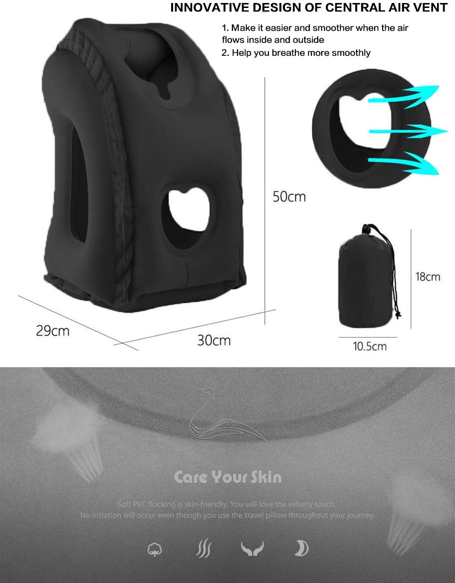 Inflatable Travel Pillow for Airplane, Neck Air Pillow for Sleeping to Avoid Neck and Shoulder Pain, Support Head and Lumbar, Used for Airplane, Car, Bus and Office (Black)