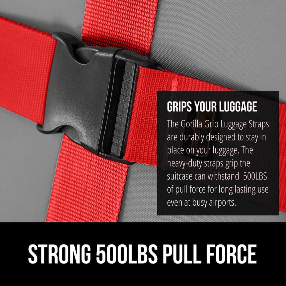GORILLA GRIP Heavy Duty 8 Pack Adjustable Luggage Straps for Suitcases, Easy to Identify Travel Belt Connector Holds Suitcase Together, Extends Life of Bag, Strap Connects Two Bags, Accessories Red