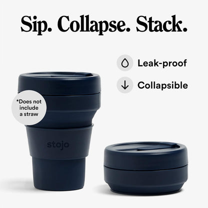 STOJO Collapsible Travel Cup - Reusable To-Go Pocket Size Silicone Bottle for Hot and Cold Drinks - Perfect for Camping - Microwave & Dishwasher Safe (Denim, 12 Ounce (Pack of 1) - No Straw)