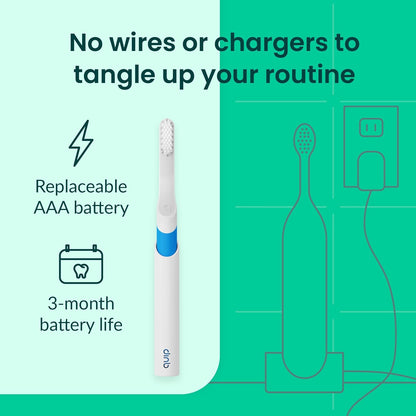 Quip Sonic Toothbrush for Adults with Timer - Includes Extra Brush Head and Travel Cover Mount - Electric, Soft Bristle Refill Head, Plastic Handle, 3 Month Battery Life - Travel Toothbrush - Blue