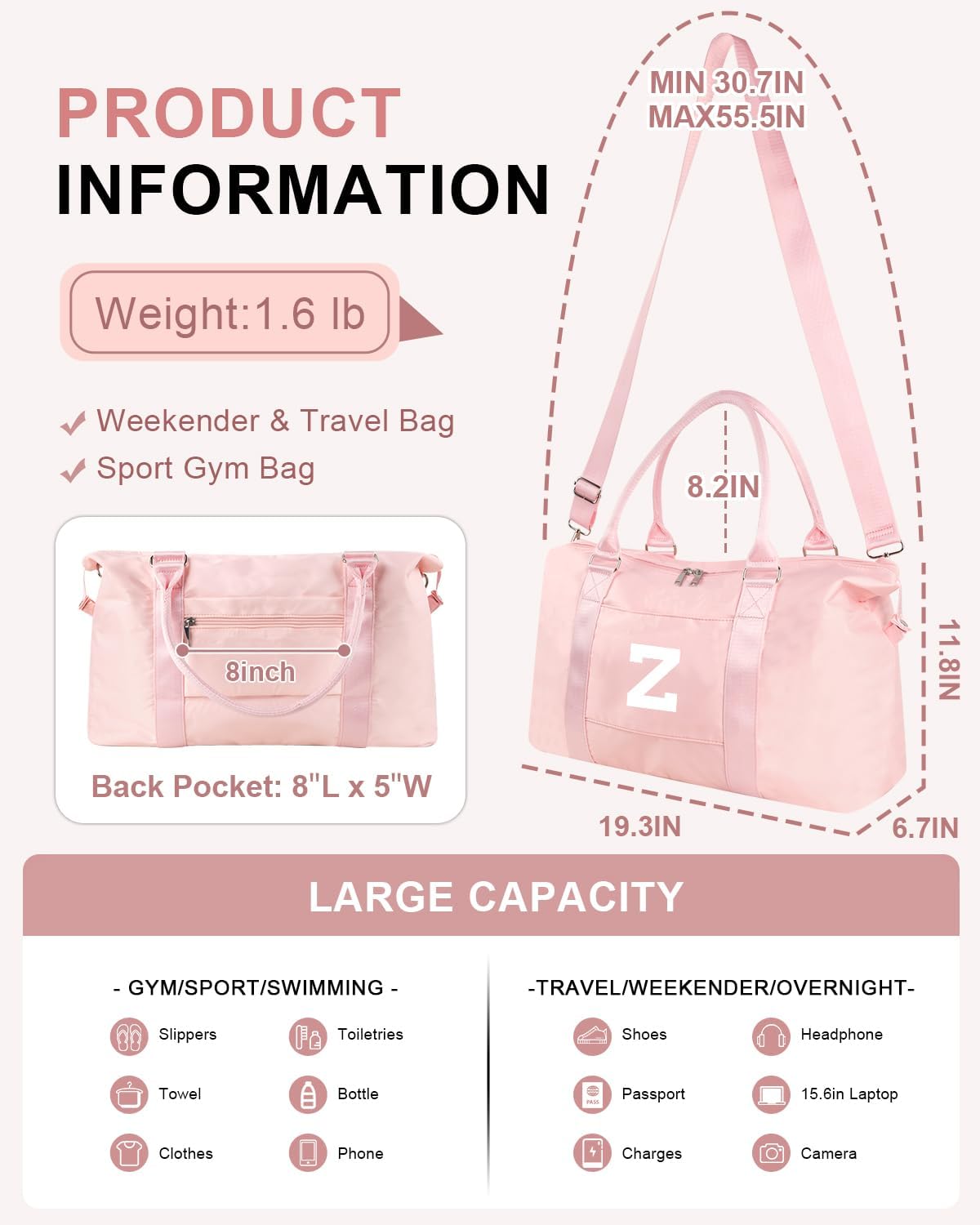 Initial Travel Duffel Bag Sports Gym Bag for Girls Teen Birthday Gifts,Pink Personalized Weekender Bag Carry On Tote Bags for Women Men,Waterproof Overnight Luggage Bag with Trolley Sleeve(Letter Z)