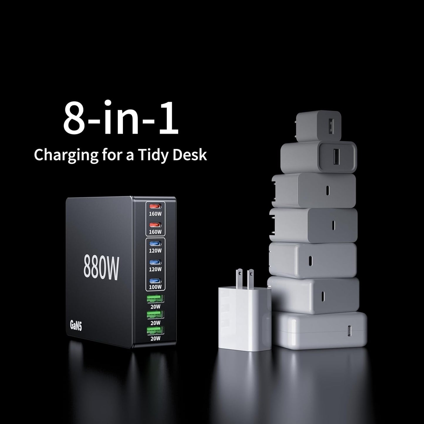880W USB C Charger Block Charging Station 8 Port Fast Chager 140W PD PPS AVS HUB Laptop MacBook Charger Compatible with All iPhone 17 Pro Max/17 Air/16 SE/Samsung Galaxy 25/ MacBook Pro/Air/iPad Pro