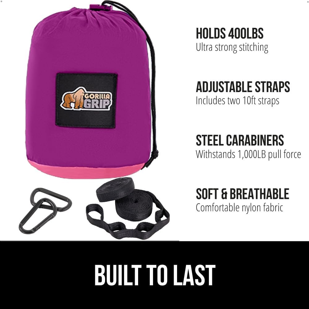 GORILLA GRIP Durable Portable Camping Hammock, Holds 400lbs with Heavy Duty Tree Straps, Comfortable Travel Swing, Camp Hammocks, Easy to Use and Install, Outdoor Essentials, Purple, 9x4.5 FT