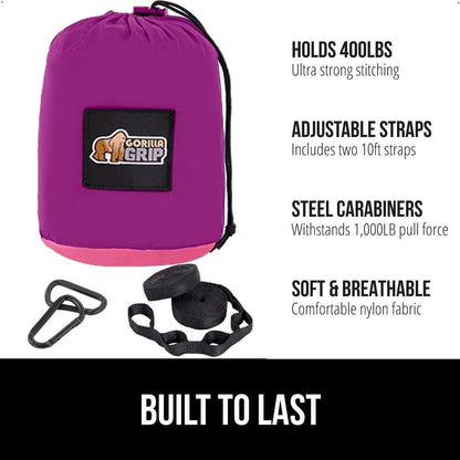 GORILLA GRIP Durable Portable Camping Hammock, Holds 400lbs with Heavy Duty Tree Straps, Comfortable Travel Swing, Camp Hammocks, Easy to Use and Install, Outdoor Essentials, Purple, 9x4.5 FT