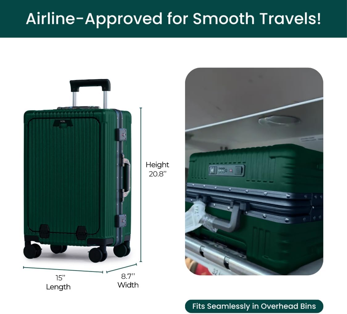 NOBL Travel Carry On Luggage, Noble Zipperless Aluminum Frame PC Hard Shell Suitcase, 20.8x15x8.7 Airline Approved, 360° Spinner Wheels, TSA Locks, USB Charging Port, Cup & Phone Holder - Forest Green