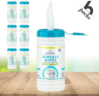 6 Pack Surface Cleaning Wipes with Bleach, All-Purpose Cleaner for Bathroom, Kitchen, Office, 450 Count Canister, Fresh Scent, 7.5" x 7" Sheet, Lint Free & Durable