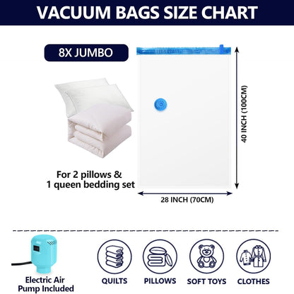 Vacuum Storage Bags for Blankets and Comforters 8 Jumbo Vacuum Seal Bags for Clothing Blankets Bedding with Electric Pump Compression Bag for Travel Luggage Jumbo Space Saver Storage Bag