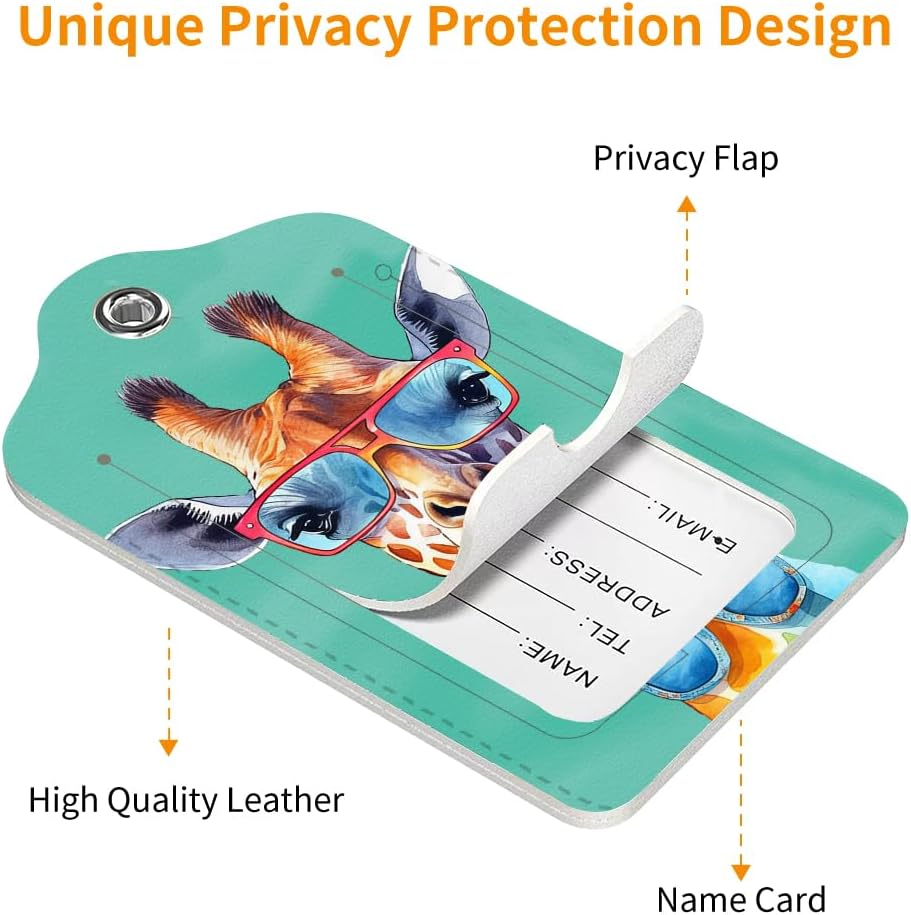 2 Pack Luggage Tag for Suitcase, Cute Unique Leather Bag Tags Identifiers Privacy Cover ID Label with Durable Steel Loop for Women Men Kids Girls Travel，GiraffeF