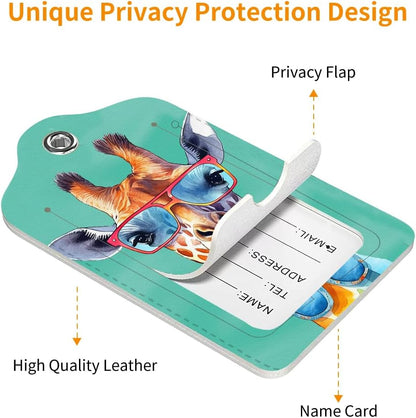 2 Pack Luggage Tag for Suitcase, Cute Unique Leather Bag Tags Identifiers Privacy Cover ID Label with Durable Steel Loop for Women Men Kids Girls Travel，GiraffeF